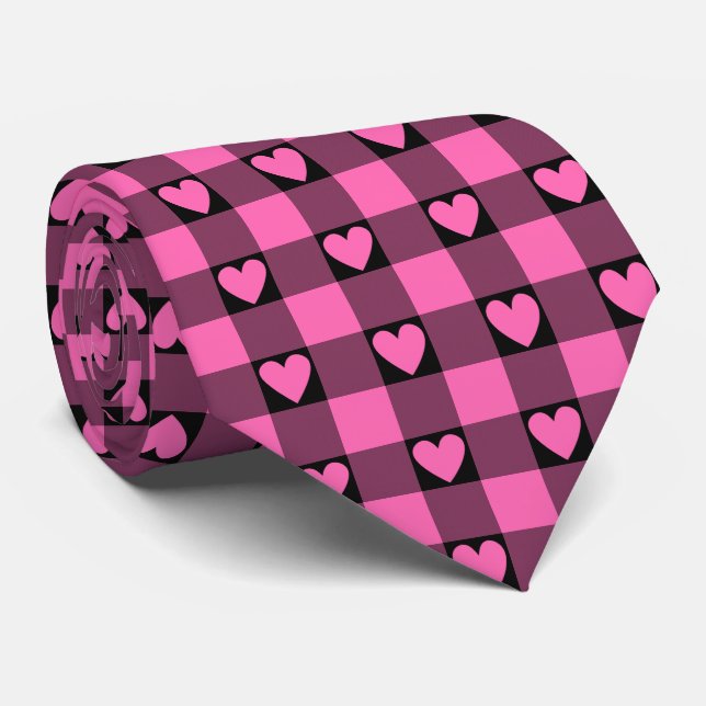 Pink Black Buffalo Heart Plaid Neck Tie Krawatte (Gerollt)