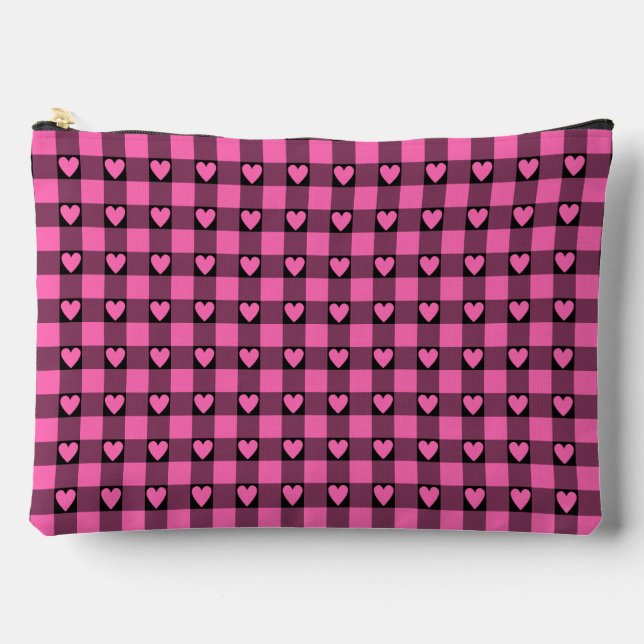 Pink Black Buffalo Heart Plaid Zubehörtasche (Vorderseite)