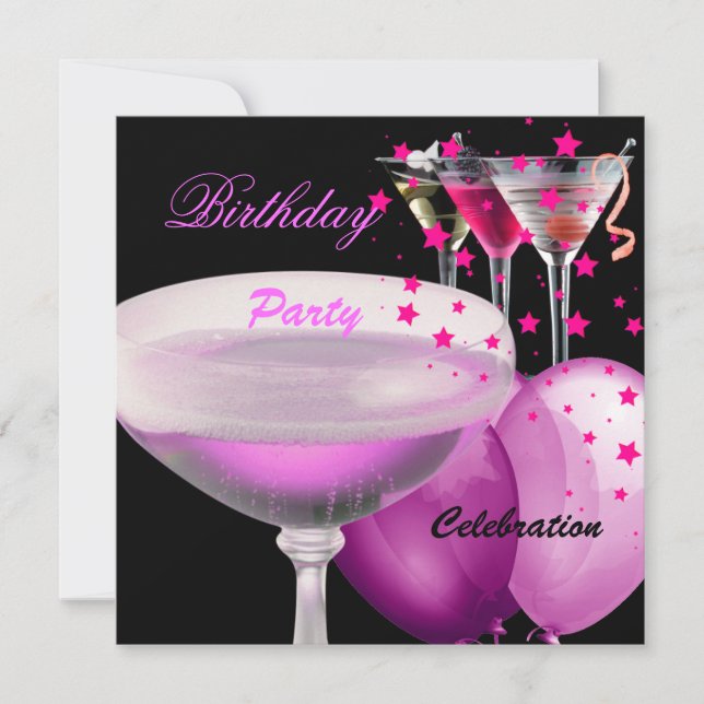 Pink Black Champagne Cocktails Geburtstagsparty Einladung (Vorderseite)