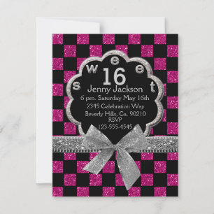 Pink & Black Checkerboard Glitzer Sweet 16 Einladung