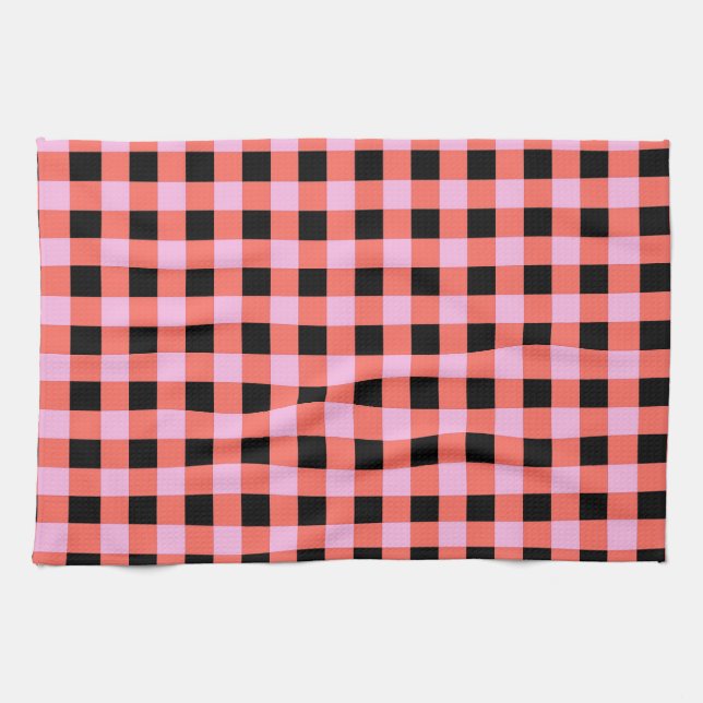 Pink Black Checkered Gingham Pattern Geschirrtuch (Horizontal)