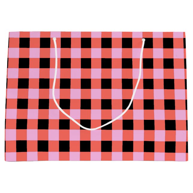 Pink Black Checkered Gingham Pattern Große Geschenktüte (Vorderseite)