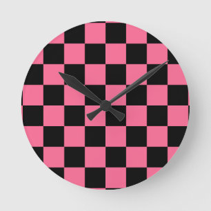 Pink Black Checkered Karo Pattern Runde Wanduhr