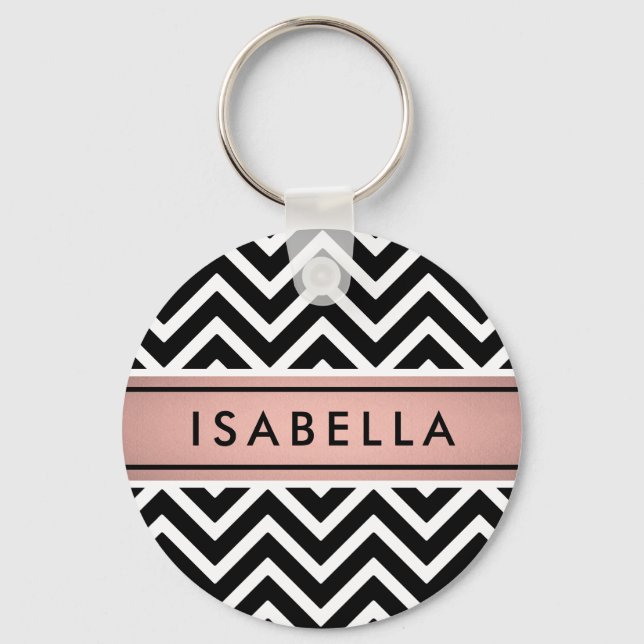 Pink & Black Chevron Pattern Girly Faux Rose Gold Schlüsselanhänger (Vorderseite)