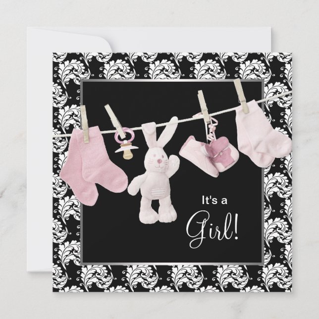 Pink Black Clothesline Baby Girl Dusche Einladung (Vorderseite)