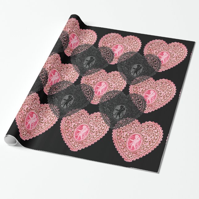 PINK BLACK CUPID LACE HEARTS Valentinstag Geschenkpapier (Ungerollt)