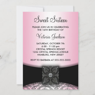 Pink Black Damask 16 . Geburtstag Party Einladung
