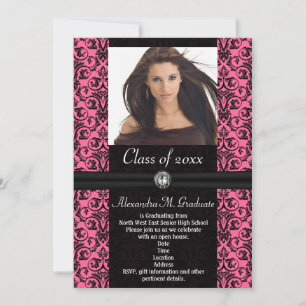 Pink Black Damask Abschluss Einladung