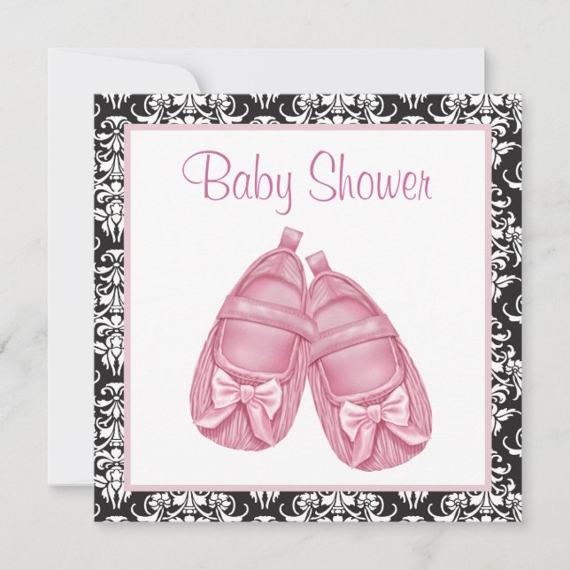 Pink Black Damask Baby Girl Dusche Einladung (Vorderseite)
