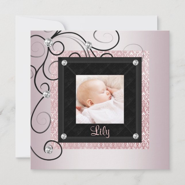 Pink Black Damask Baby Girl Foto Birth Ankündigung (Vorderseite)
