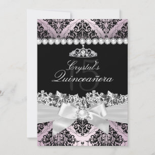 Pink Black Damask Bow Quinceanera Einladung