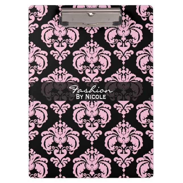 Pink & Black Damask Chic Elegantes Glam Personalis Klemmbrett (Vorderseite)