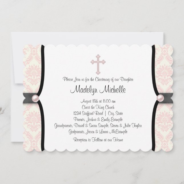 Pink Black Damask Christening Einladung (Vorderseite)
