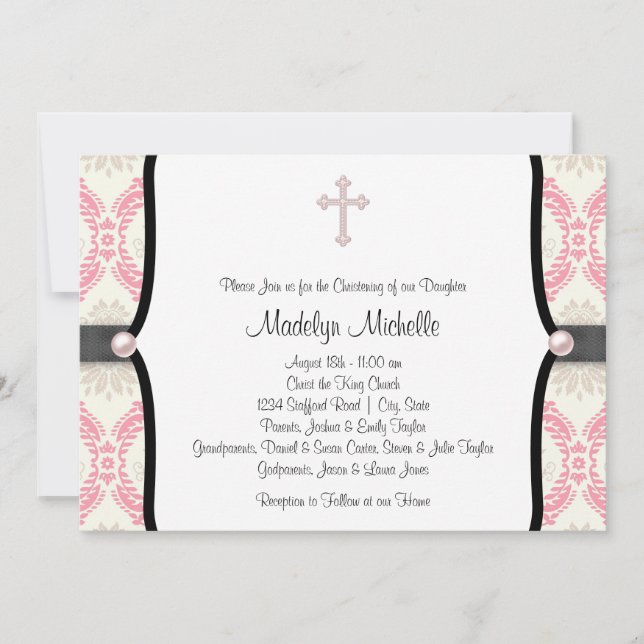 Pink Black Damask Christening Einladung (Vorderseite)