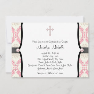 Pink Black Damask Christening Einladung