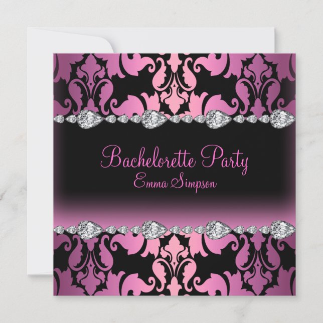 Pink & Black Damask & Diamond Bachelorette Einladu Einladung (Vorderseite)