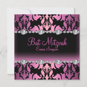 Pink & Black Damask & Diamond Bat Mitzvah Einladun Einladung