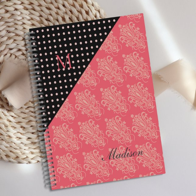 Pink Black Damask Dots Girly Trendy Monogram Planer (Von Creator hochgeladen)