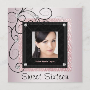 Pink Black Damask Foto Sweet 16 Party Einladung