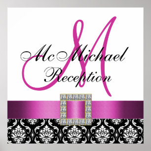 Pink Black Damask Hochzeitszeichen Empfang Poster