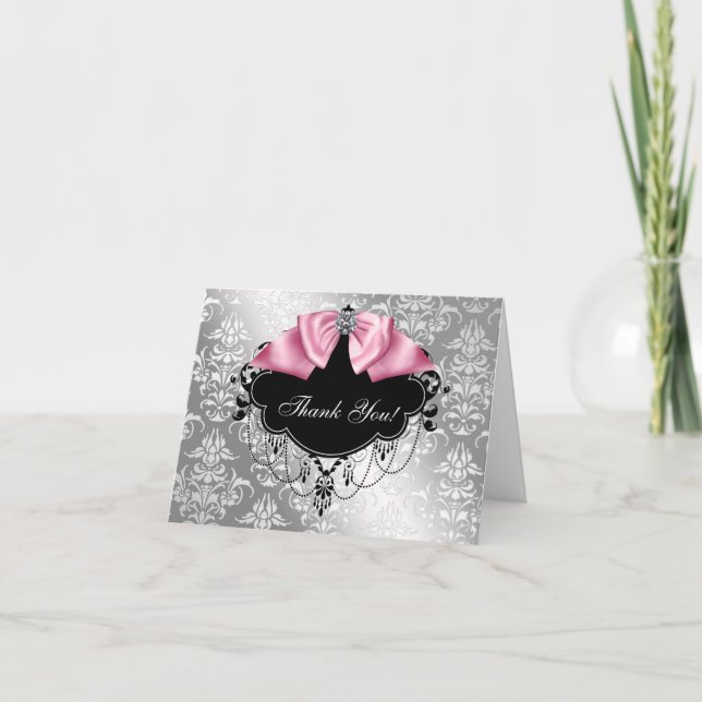 Pink Black Damask Kinderdusche Danke Karte (Vorderseite)