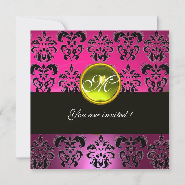 PINK BLACK DAMASK MONOGRAM, gelber Topaz Einladung (Vorderseite)