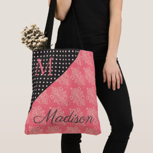 Pink Black Damask Monogram Trendy Dots Girlaname