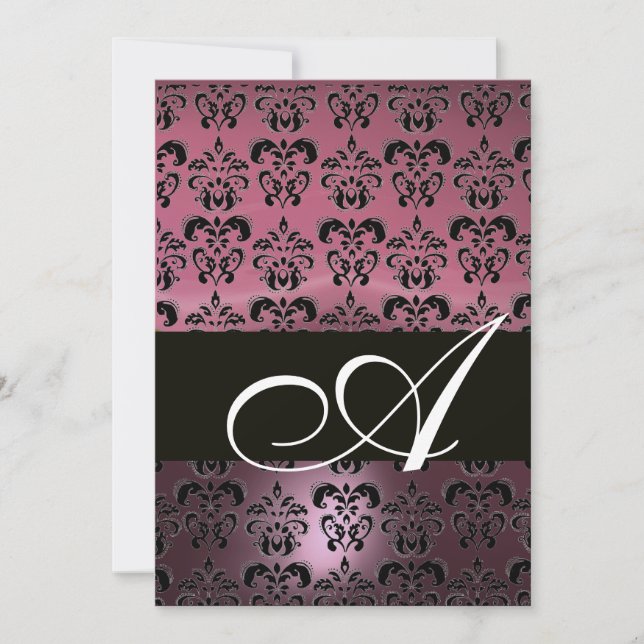 PINK BLACK DAMASK MONOGRAMM, hell weiß Einladung (Vorderseite)