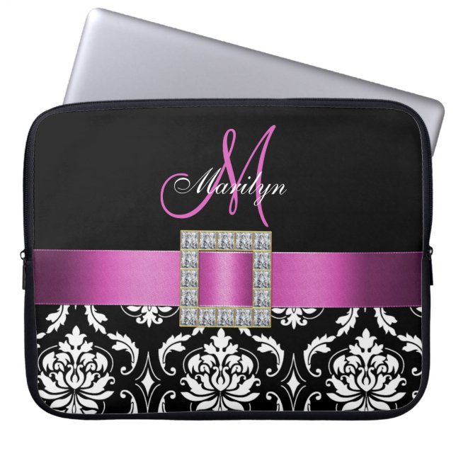 PINK, BLACK DAMASK MONOGRAMM LAPTOPSCHUTZHÜLLE (Vorderseite)