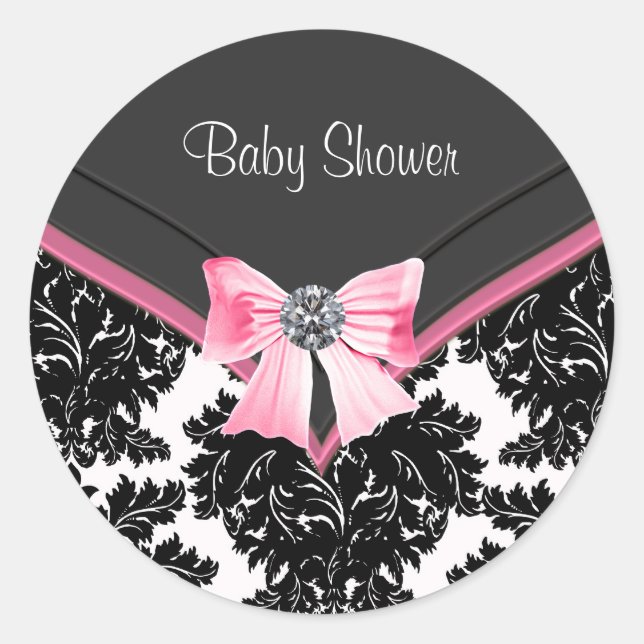 Pink Black Damask Pink Black Baby Shockaufkleber Runder Aufkleber (Vorderseite)