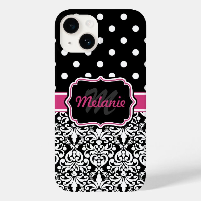 Pink Black Damask Polka Dots Muster Monogramm Case-Mate iPhone Hülle (Rückseite)