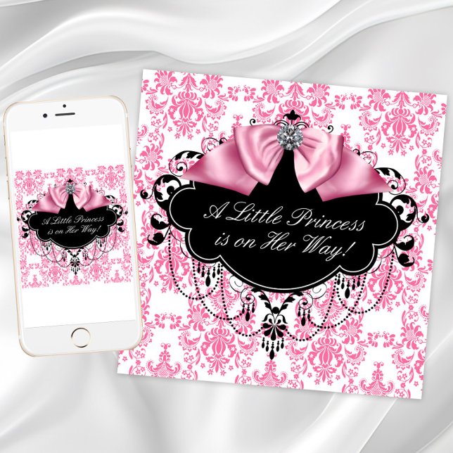 Pink Black Damask Princess Baby Dusche Einladung (Pink and black baby shower invitations. Add your own text. Instant download and printed available.)