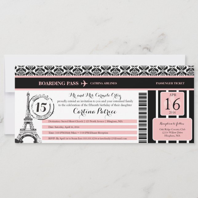 Pink Black Damask Quinceanera Paris Boarding Pass Einladung (Vorderseite)