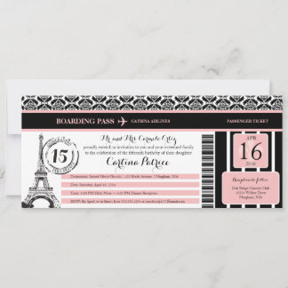 Pink Black Damask Quinceanera Paris Boarding Pass Einladung