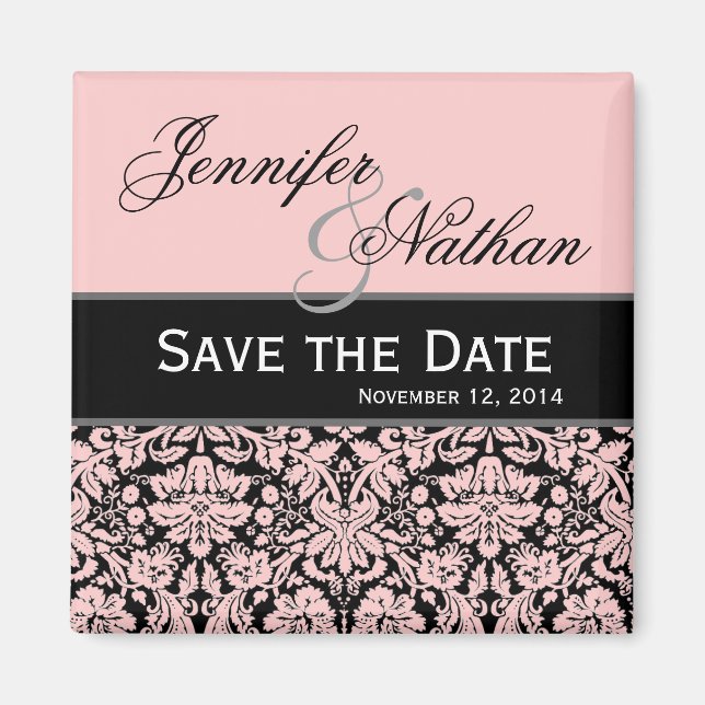Pink & Black Damask Save the Date Hochzeitsmagazin Magnet (Vorne)