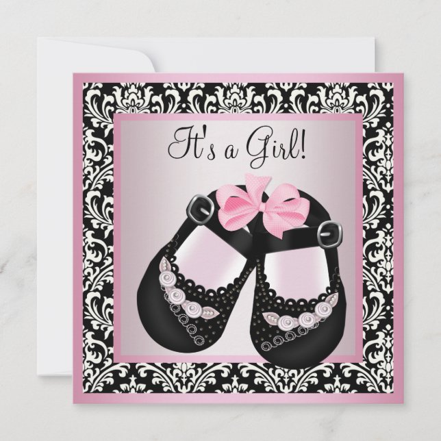 Pink Black Damask Shoes Baby Girl Dusche Einladung (Vorderseite)