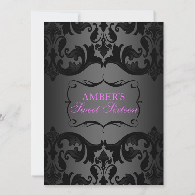 Pink & Black Damask Sweet 16 Birthday Einladung (Vorderseite)