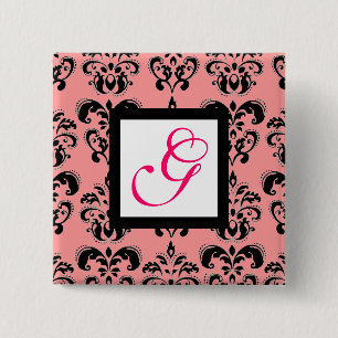 PINK BLACK DAMASK WHITE SQUARE MONOGRAM Fuchsia Button
