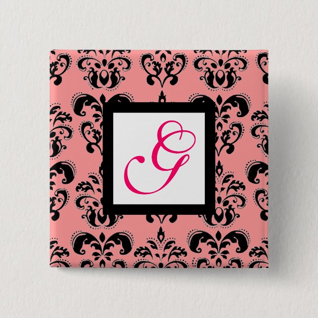 PINK BLACK DAMASK WHITE SQUARE MONOGRAM Fuchsia Button (Vorderseite)