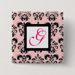 PINK BLACK DAMASK WHITE SQUARE MONOGRAM Fuchsia Button