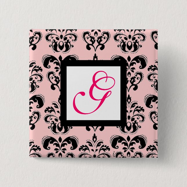 PINK BLACK DAMASK WHITE SQUARE MONOGRAM Fuchsia Button (Vorderseite)