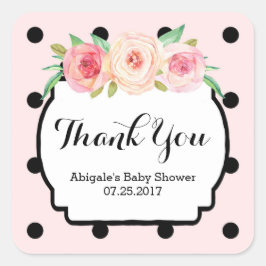 Pink Black Dots Floral Baby Dusche Fevor Tags Quadratischer Aufkleber