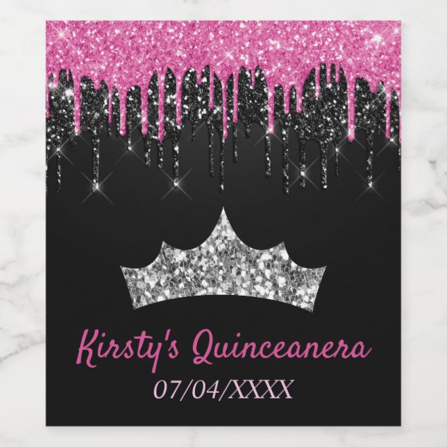 Pink Black Driving Glitzer Tiara Quinceanera Weinetikett (Einzelnes Label)