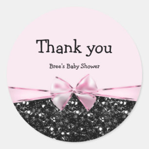 Pink & Black Faux Glitter Look Bow Chic Glam  Runder Aufkleber
