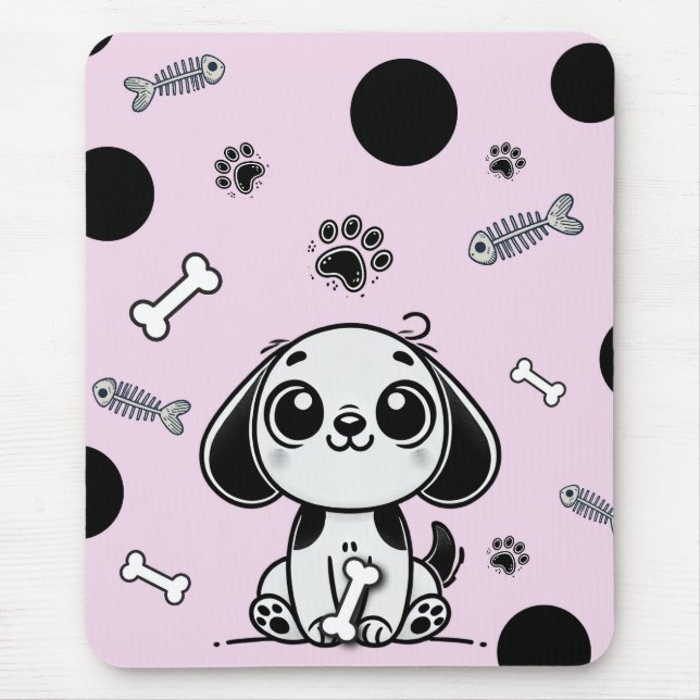 Pink & Black Fish Knochen Welpen Hund Niedlich Off Mousepad (Vorne)