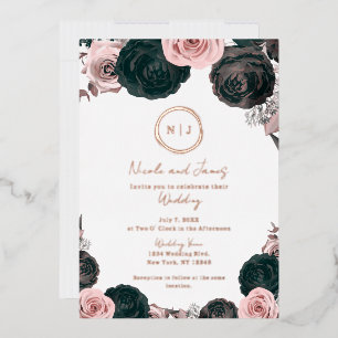 Pink & Black Floral Glam Modernes Hochzeitssemble Folieneinladung