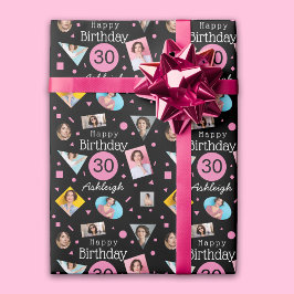 Pink Black Foto Collage 30. Geburtstag Geschenkpapier