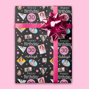 Pink Black Foto Collage 30. Geburtstag Geschenkpapier