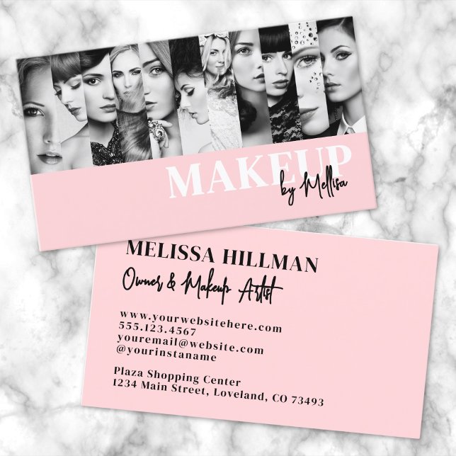 Pink Black Foto Make-up Visitenkarte (Pink Black Script Photo Makeup Business Card)