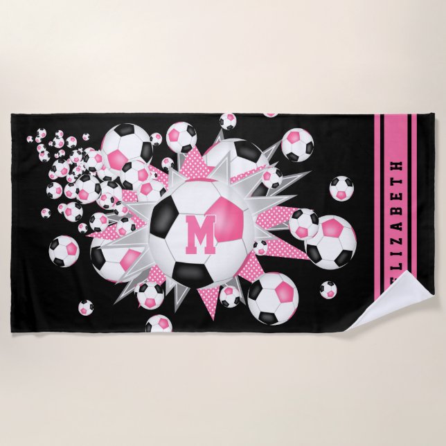 Pink Black Fußball Ball Blowout Girls individuelle Strandtuch (Vorderseite)